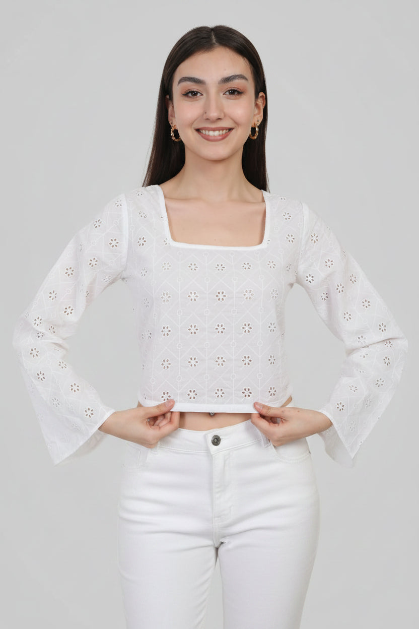 Moonlight Lace Crop Top - Full Sleeves White Top