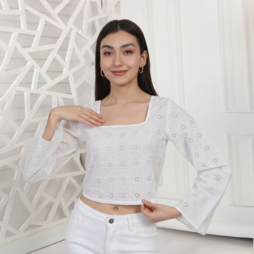 Moonlight Lace Crop Top - Full Sleeves White Top