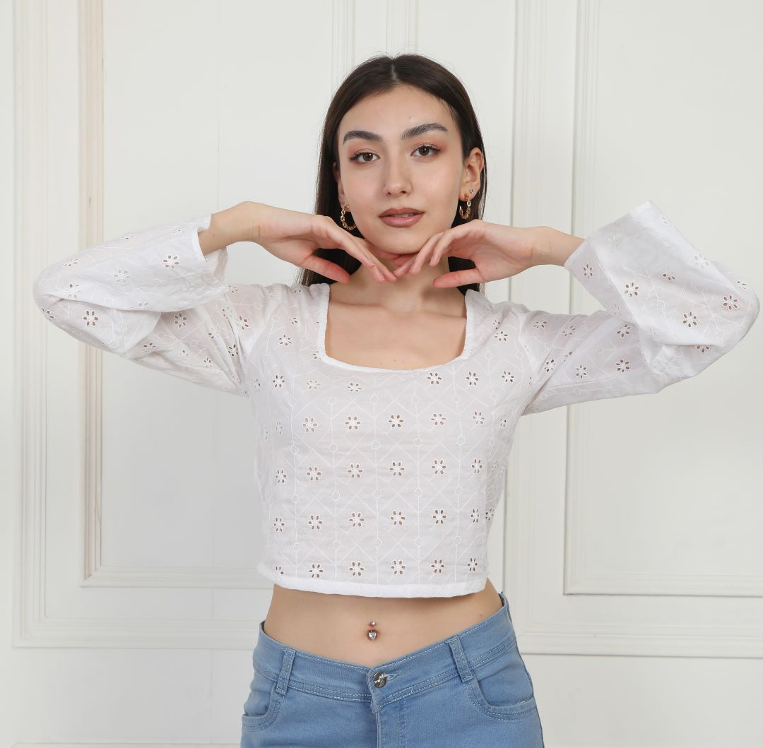 Moonlight Lace Crop Top - Full Sleeves White Top