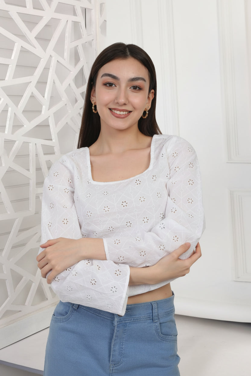 Moonlight Lace Crop Top - Full Sleeves White Top