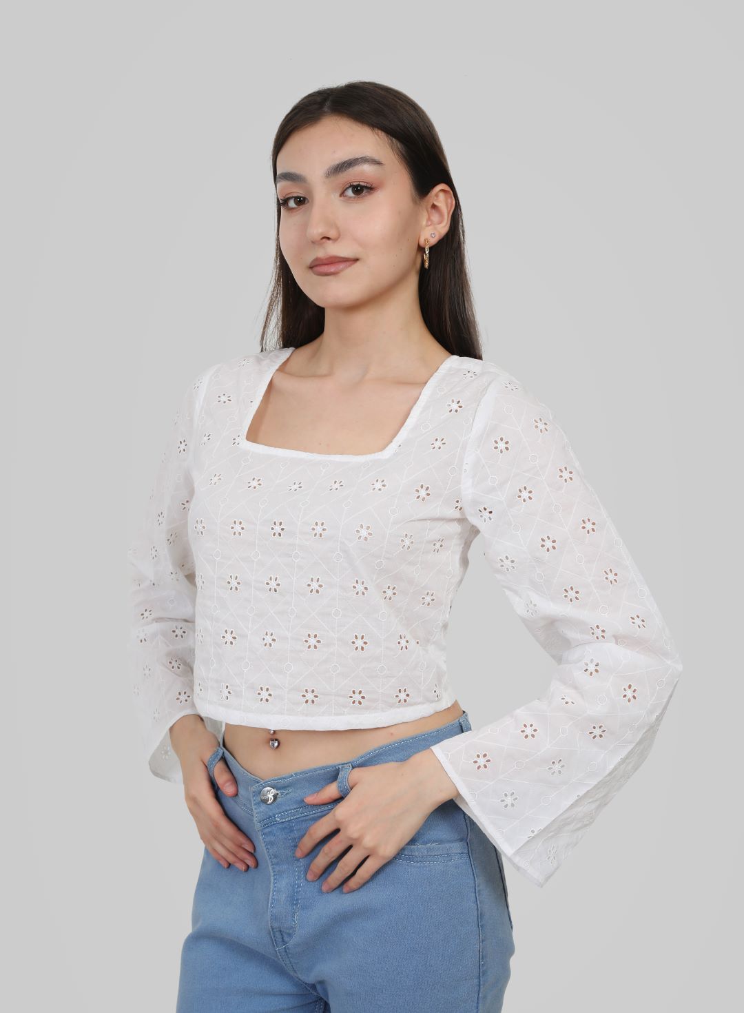 Moonlight Lace Crop Top - Full Sleeves White Top