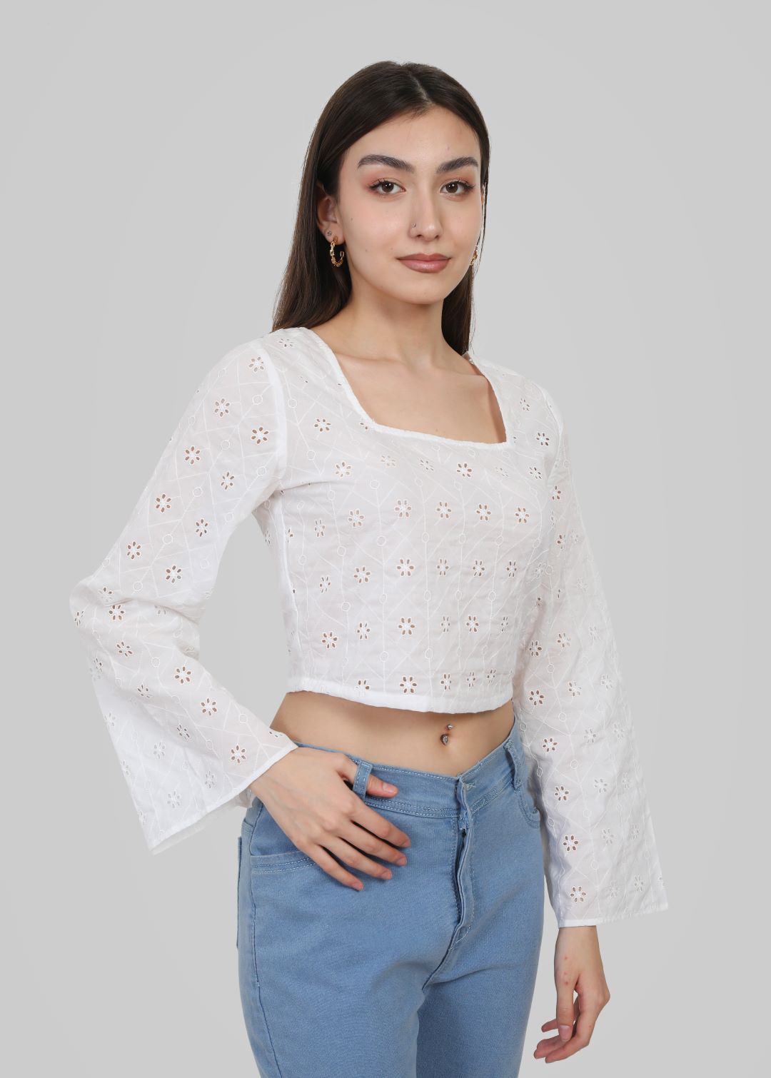 Moonlight Lace Crop Top - Full Sleeves White Top